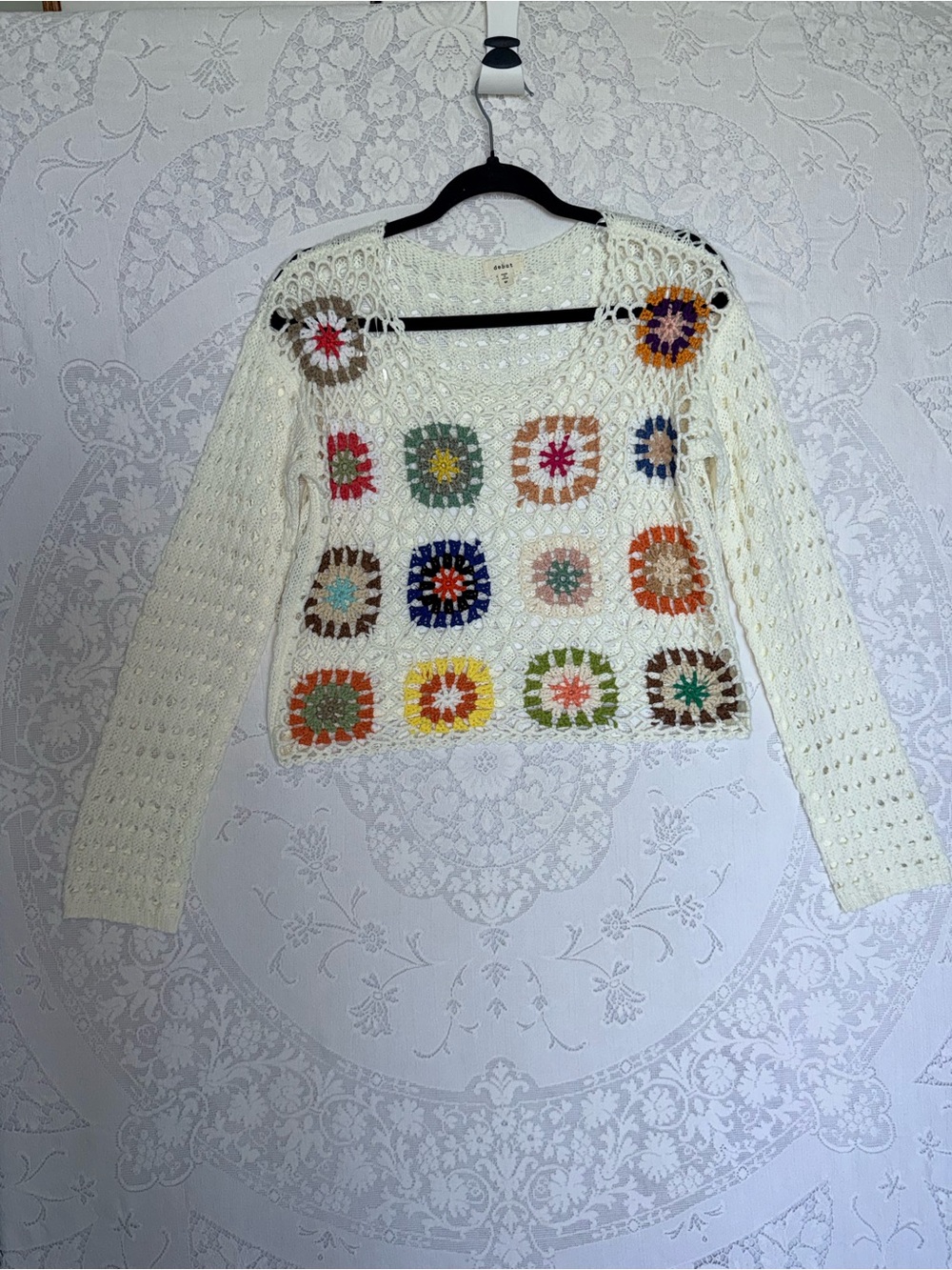 Debut Crochet Granny Square Patchwork Sweater Crop Top Cream Multi Size M - Picture 2 of 10